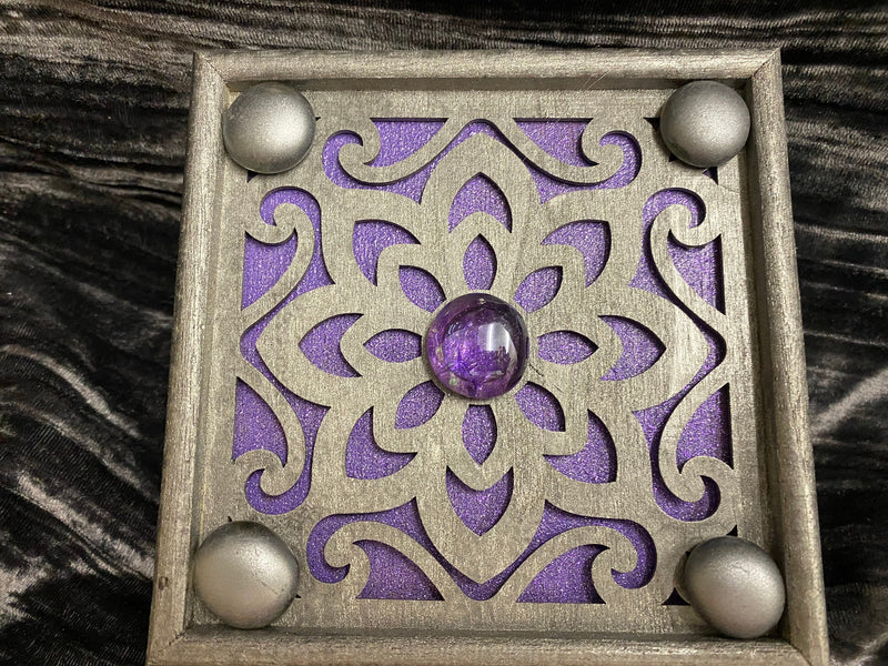 Pewter Box Purple Glass Stones - Laser Cut Wood - 6 Inches Handmade Pentacle