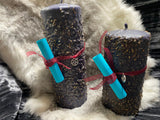 Hand Dressed Black Protection Candle with Scrolled Ritual Wormwood, Horehound, Mugwort and Mullein 8 Inch or 6 Inch - both 2.5 Inches wide