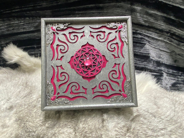 Hot Pink Pewter Box Box Metal Corners Pink Inset - Laser Cut Wood - 5 Inches Handmade Pentacle