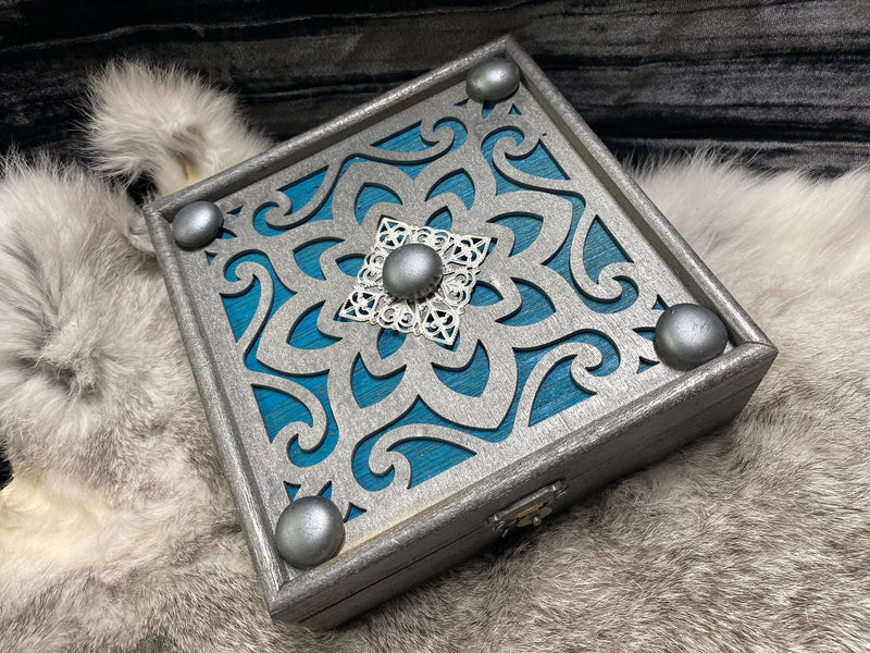 Pewter Box Teal Glass Stones - Laser Cut Wood - 6 Inches Handmade Pentacle