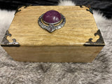 Oak Box 6x4x2.5 Inches Handmade Horned God Purple Stone Hand Painted