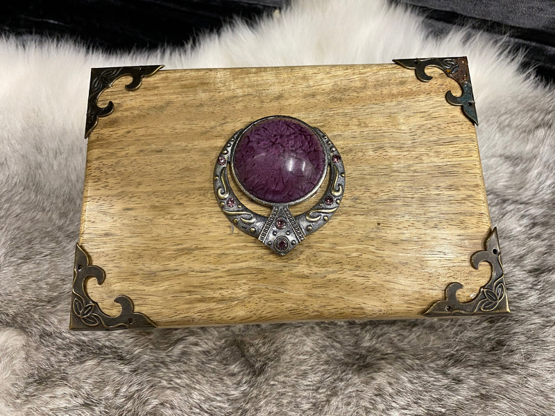 Oak Box 6x4x2.5 Inches Handmade Horned God Purple Stone Hand Painted
